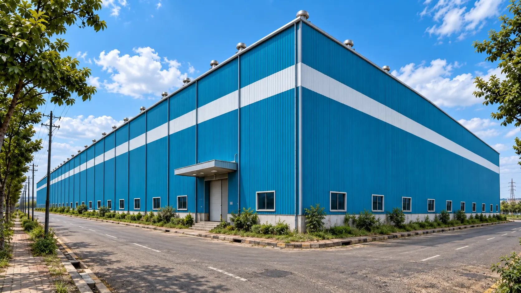 Blue steel warehouse on an industrial estate